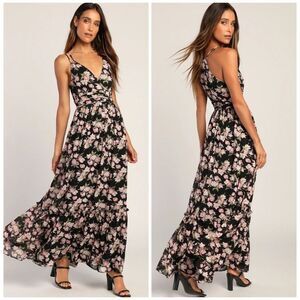 Lulus Radiant Look Black Floral Print Sleeveless Maxi Dress Size Small NEW